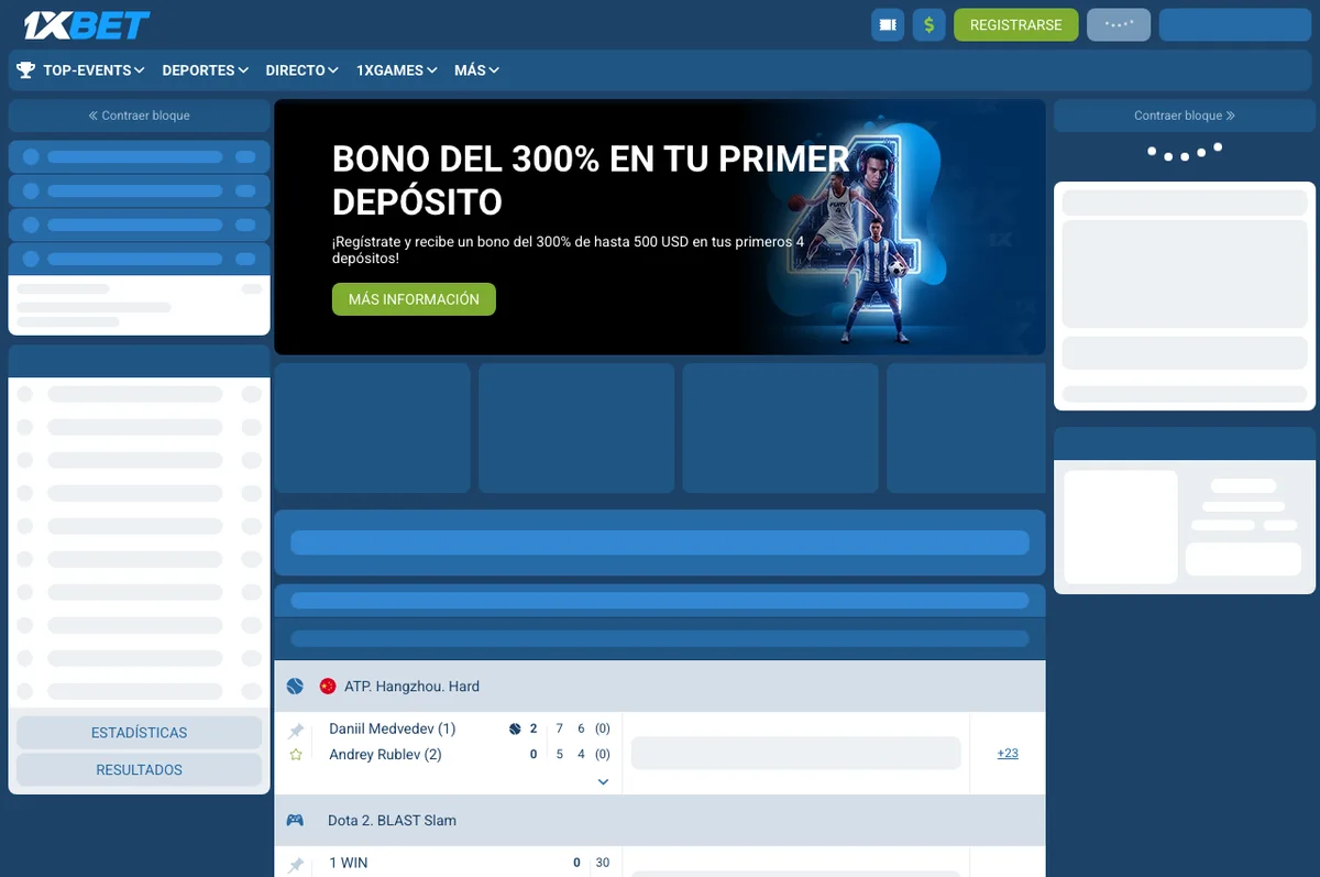 Interfaz pública de 1xBet (captura editorial)