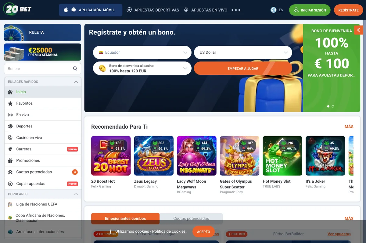 Interfaz pública de 20bet