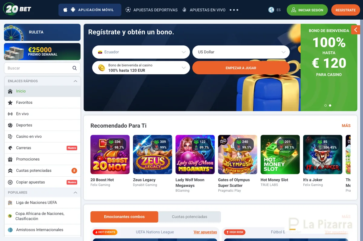 Captura de la zona pública de pagos de 20bet